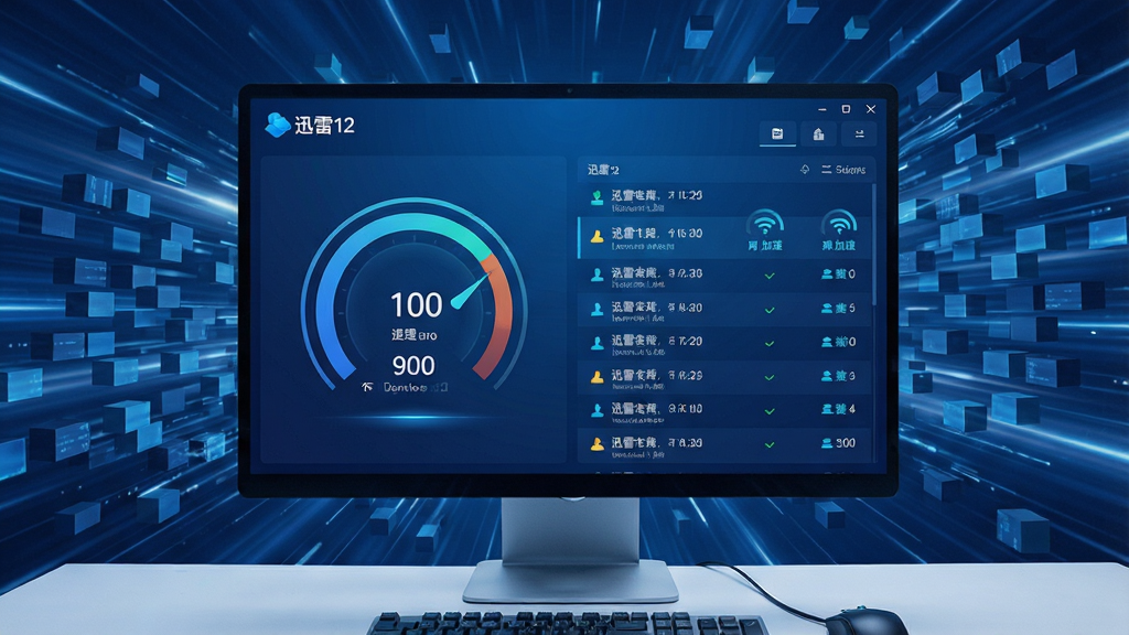 一张现代感十足的电脑桌面场景,屏幕中央显示“迅雷12”主界面,界面包含醒目的下载速度仪表盘与清晰的任务列表,背景为流动的光速线条与数据块,布局以深蓝与科技蓝为主色调,风格简洁专业,细节展示高速下载进程与网络加速图标,画质高清干净,无多余元素。