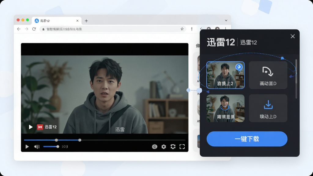 一幅“迅雷12”智能嗅探功能的应用场景图,左侧为浏览器播放视频的画面,右侧悬浮着迅雷12的嗅探结果小窗,列出清晰画质选项与下载按钮,整体布局直观,风格清新明快,细节突出自动识别与一键下载的便捷性,画质干净。