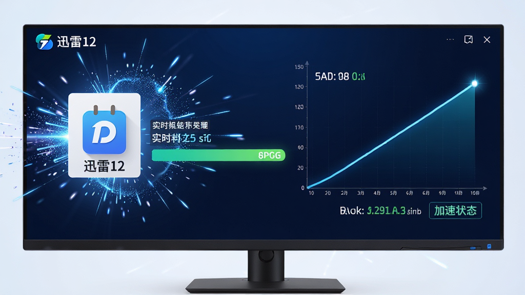 展示“迅雷12”极速下载场景的宽幅电脑截图,界面显示一个大型文件正在高速下载,进度条接近完成,速度曲线图呈直线飙升状态,周围环绕光速粒子特效,整体风格科技感强烈,色调明亮,布局整洁,细节呈现实时网速与加速状态标签,画质锐利干净。