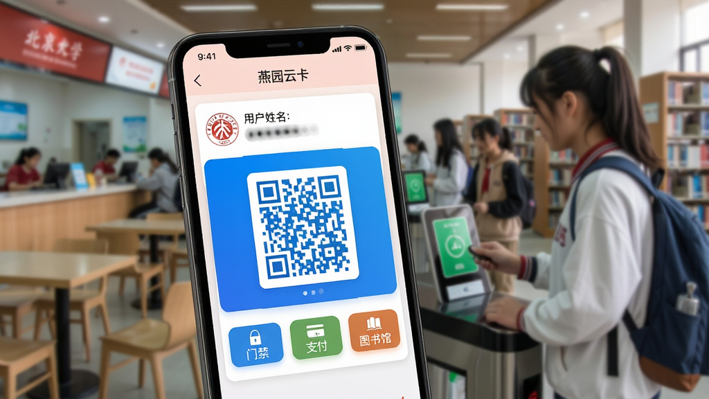 主体:手机屏幕上展示“北京大学”APP中的“燕园云卡”界面,背景是虚化处理的北大校园食堂或图书馆场景。布局:手机界面中央是一张醒目的蓝色二维码,上方显示用户姓名和学号(打码处理),下方有“门禁”、“支付”、“图书馆”三个功能按钮。排版:卡片式设计,功能按钮横向排列,色彩明快。风格:实景与UI结合的演示图,突出支付的便捷性与场景的融合感。细节:手机外的背景有学生正在刷码通过的瞬间。画质:清晰自然,干净,无多余元素。