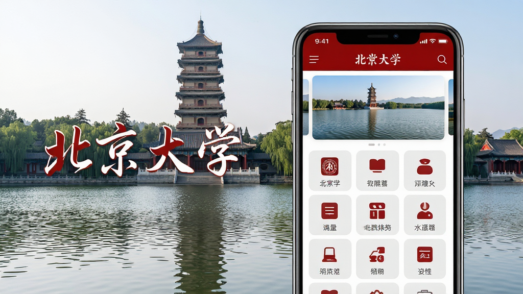 主体:一部亮着屏幕的智能手机,屏幕上清晰显示“北京大学”APP的首页界面,背景为北京大学的标志性建筑“博雅塔”和“未名湖”的实景融合。布局:手机位于画面中央偏右,左侧留白处用书法字体写着“北京大学”。排版:手机界面内的功能图标以宫格形式整齐排列,上方是未名湖景色的轮播图。风格:写实与扁平化结合的现代移动应用宣传图,色彩清雅,以北大红和灰白色为主色调。细节:湖面波光粼粼,塔影倒映,界面图标精致,文字清晰。画质:8K超高清,干净,无多余元素。