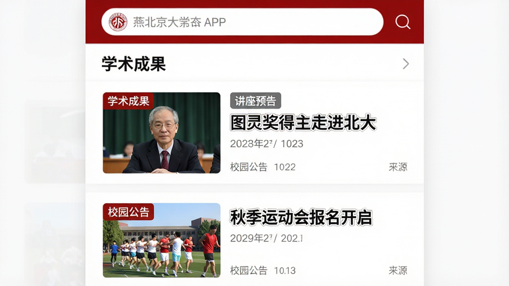 主体:“北京大学”APP的“燕园动态”资讯频道页面截图。布局:页面顶部是搜索栏,下面依次排列着带缩略图的新闻卡片,卡片上清晰标注“讲座预告”、“学术成果”、“校园公告”分类标签。排版:列表式布局,信息层级分明,标题文字加粗,日期与来源文字较小且颜色浅。风格:简洁的APP界面设计展示,白色背景搭配北大红色点缀。细节:一张卡片上显示“图灵奖得主走进北大”的标题,另一张显示“秋季运动会报名开启”。画质:高清,干净,无多余元素。