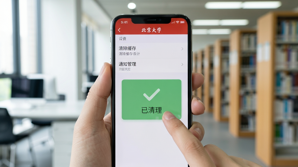 主体:一部智能手机被一只手握住,屏幕显示“北京大学”APP的设置界面,上面有“清除缓存”和“通知管理”选项。布局:手机位于画面中央,背景是简洁的现代办公室或图书馆环境。排版:设置选项排列清晰,手指正准备点击“清除缓存”按钮。风格:实拍风格的教程配图,光线明亮柔和。细节:屏幕上出现一个绿色的“已清理”对勾提示框。画质:高清,干净,无多余元素。