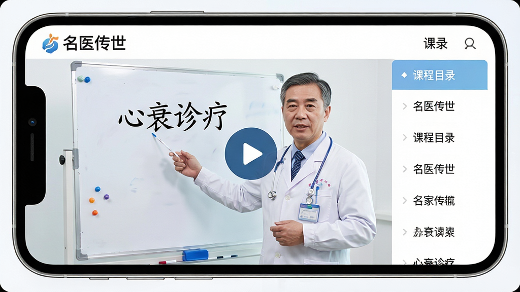 主体:手机屏幕展示“名医传世”应用中的专家讲课视频,画面为一位中年男医生在白板前讲解病例。布局:手机横屏占据主视觉,右侧有课程目录列表。排版:界面简洁,播放按钮醒目。风格:教育培训风格,色调明亮。细节:视频画面清晰,医生背后白板写着“心衰诊疗”关键词,应用左上角有“名医传世”标志。画质:高清,干净,无多余元素。