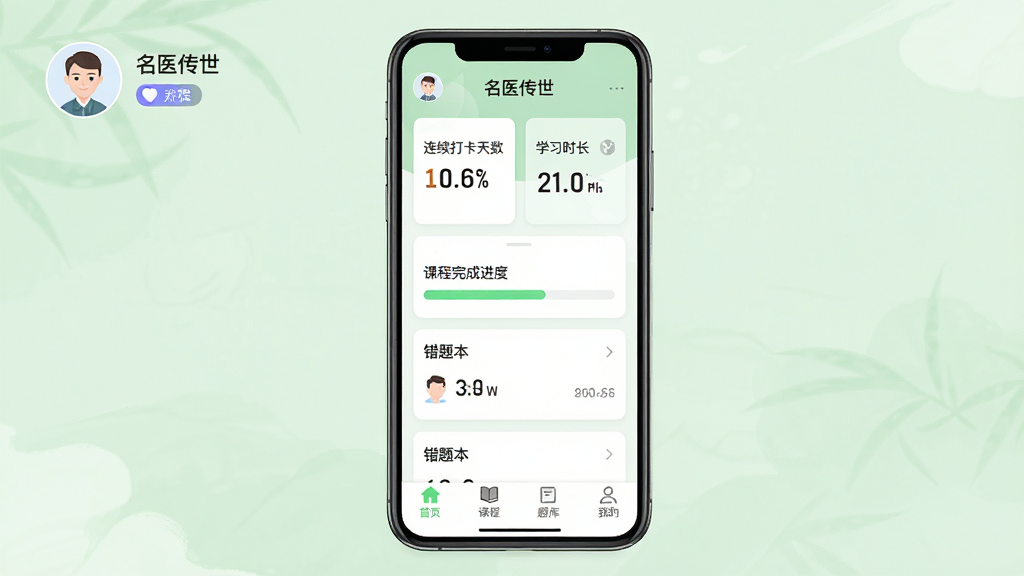 主体:手机屏幕展示“名医传世”的学习记录页面,包括连续打卡天数和学习时长统计。布局:手机居中,背景为淡绿色,左上角有头像和等级。排版:数据卡片式排列,清晰直观。风格:清新简约风格。细节:屏幕显示课程完成进度条、错题本数量,底部导航栏有“首页、课程、题库、我的”四个图标,顶部有“名医传世”字样。画质:高清,干净,无多余元素。