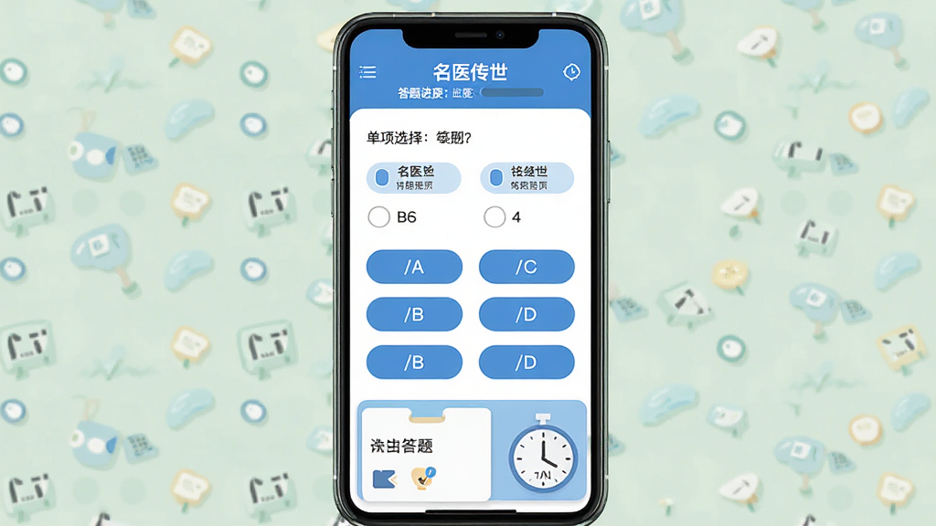 主体:手机屏幕展示“名医传世”的题库练习界面,显示单项选择题和选项。布局:手机居中,屏幕下方有答题卡和计时器。排版:界面清爽,选项按钮圆润。风格:扁平化设计,以蓝色为主色调。细节:题目文字清晰,选项A/B/C/D排列整齐,屏幕顶部显示“名医传世”标题和答题进度。画质:高清,干净,无多余元素。