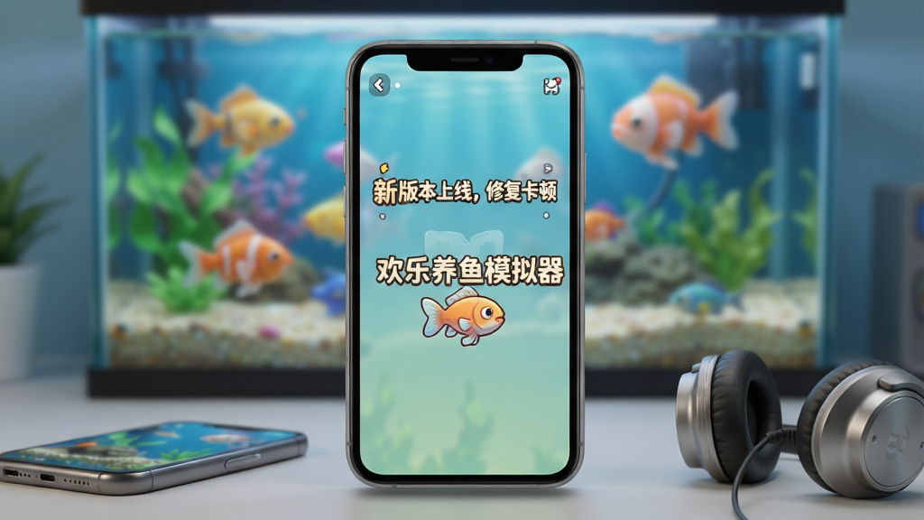 主体:手机屏幕显示游戏内公告“新版本上线,修复卡顿”,旁边有一部手机和耳机。布局:手机位于画面中央,屏幕内容清晰可见。排版:简洁,突出文字“欢乐养鱼模拟器”。风格:写实与卡通结合。细节:手机边缘有柔和阴影,背景是模糊的鱼缸。画质:高清,干净无多余元素。