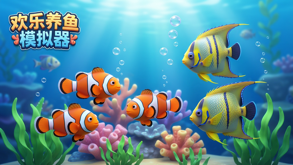 主体:一个充满活力的水族箱场景,前景有几条色彩斑斓的小丑鱼和神仙鱼在珊瑚间游动。布局:水族箱占据画面中央,背景是渐变的蓝色海水与柔光,左上角有游戏Logo“欢乐养鱼模拟器”。排版:画面干净,鱼群分布错落有致,底部有绿色水草。风格:3D卡通渲染,色彩明亮清新,光影柔和。细节:水中有气泡升腾,鱼鳞反光清晰可见。画质:4K高清,干净,无多余元素。