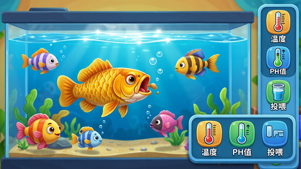 主体:游戏界面展示多种鱼类在水族箱中游动,界面右侧有温度计、水质检测仪等控制面板。布局:水族箱占主画面,控制面板悬浮于右下角。排版:界面简洁,图标清晰标注“温度”“PH值”“投喂”。风格:明亮卡通风格,色彩鲜艳。细节:一条金色龙鱼正张嘴进食,水面波光粼粼。画质:高清渲染,画面干净无噪点。