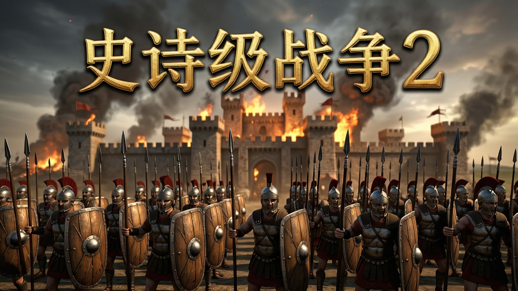 一幅宏大的3D战争场景,前景是排列整齐的古代士兵方阵,手持长矛与盾牌,背景是燃烧的城堡和硝烟弥漫的天空,画面中央上方有“史诗级战争2”金色艺术字,整体风格写实,细节丰富,光影对比强烈,画质高清,干净无多余元素。