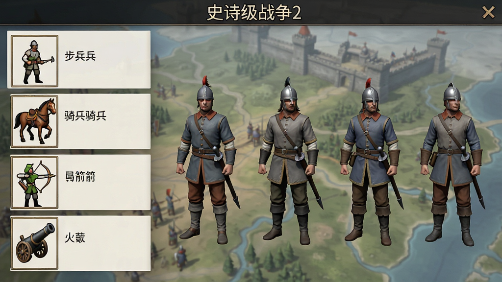 一张展示游戏兵种界面的截图,左侧列出步兵、骑兵、弓箭手、火炮等图标,右侧是不同兵种的3D模型对比,身材比例清晰可辨,背景是半透明的战场地图,界面简洁明了,有“史诗级战争2”标题,画质干净,无多余元素。