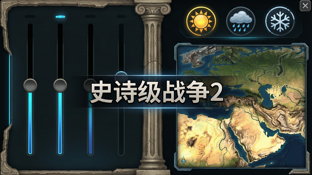 一个自定义战斗设置的界面,左侧是兵力滑杆,右侧是地图预览,上方有天气选择图标(晴天、雨天、雪天),中间有“史诗级战争2”字样,界面风格科技感与古典结合,画质清晰,干净无多余元素。