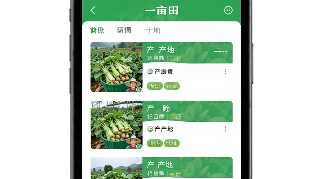 一亩田APP货源信息详情页,主体为手机屏幕显示农产品列表,配有“一亩田”文字标识,布局采用单列瀑布流形式,每张商品卡片展示产品主图、产地、价格和认证标签,风格清新自然,绿色主题色,细节包括农民头像认证标,画质干净无多余元素