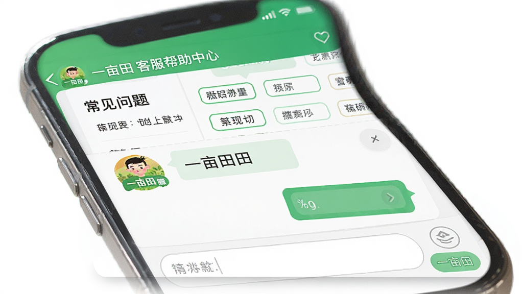 一亩田APP客服帮助中心界面,主体为手机屏幕显示在线客服对话窗口,布局上方为常见问题列表,下方为输入框,风格简洁友好,绿色主题,细节包含“一亩田”客服头像,画质干净无多余元素