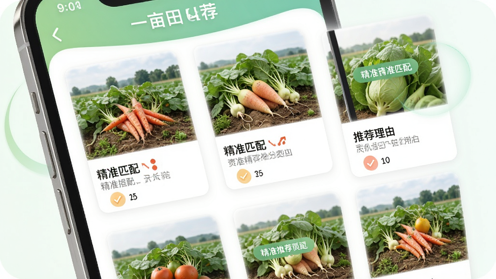 一亩田APP智能推荐页面,主体为手机界面展示个性化推送的农产品卡片,布局为网格排列,每张卡片含产品图与推荐理由,风格简洁现代,色彩柔和,细节突出“精准匹配”字样,画质干净无多余元素