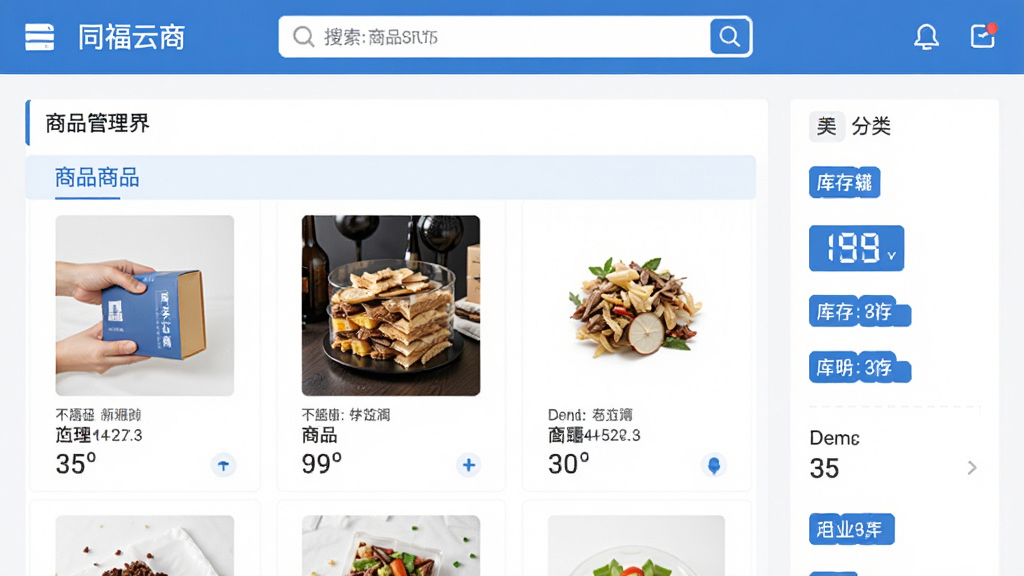 同福云商商品管理界面,展示商品列表、库存数字和分类标签,界面扁平化设计,蓝白配色,上方有搜索栏,商品图片清晰,整体布局简洁,画质高清,干净无多余元素