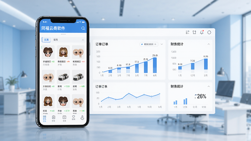 同福云商软件主界面展示,手机屏幕中显示商品列表、订单图表和财务统计,背景为现代简约商务风格,浅蓝色调,界面清晰整洁,画质高清,干净无多余元素