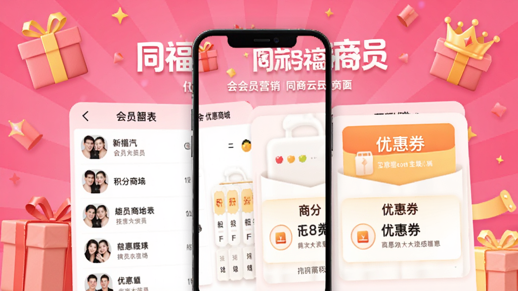 同福云商会员营销界面,手机屏幕显示会员列表、积分商城和优惠券模板,背景为粉色促销海报风格,带有礼物和皇冠图标,界面活泼,画质清晰,无多余元素