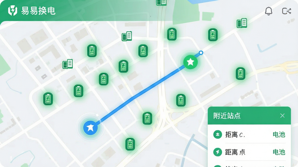俯视视角的城市电子地图风格界面,以“易易换电”APP为视觉主体,地图上分布着众多带有电池图标的绿色光点,代表换电站点。一条清晰的蓝色导航路线连接当前位置与其中一个光点。整体布局为UI界面截图风格,排版规整,信息层级分明。设计风格扁平化且现代,绿色与蓝色为主色调。细节上,右下角有“附近站点”列表卡片,显示距离与电池数。画质高清,界面干净整洁,无多余元素。