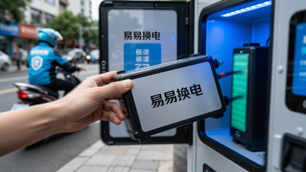 特写镜头捕捉一双手正迅速地从“易易换电”智能柜中取出一块充满电的电池,动作干脆利落。背景是虚化的城市街道与骑手身影。主体动作清晰,布局居中,强调速度感与便捷性。排版采用动感抓拍风格,画面中有微弱的动态模糊效果以突出“极速”主题。细节上,电池上带有“易易换电”的LOGO,柜内蓝色灯光明亮。画质清晰锐利,背景干净,无多余元素。