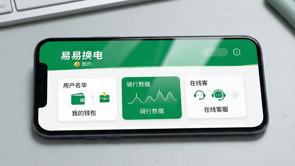 手机横屏展示“易易换电”APP的“我的”页面,页面顶部显示用户名与会员标识,下方整齐排列着“我的钱包”、“骑行数据”、“在线客服”等功能卡片。整体布局为手机UI界面设计,风格简洁清晰,以白色和品牌绿色为主色调。细节上,屏幕反射出柔和的光线,背景为浅灰色的工作台面。画质高清细腻,无多余杂物,突出软件界面的整洁与专业感。