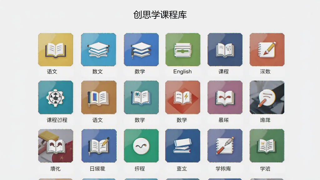 创思学课程库页面展示,以网格形式排列各学科课程封面,包含语文、数学、英语等图标,背景为浅灰色,整体布局规整,风格清新简洁,画质高清