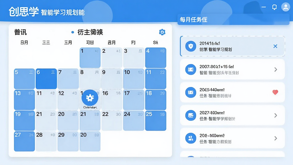 展示创思学智能学习规划功能的界面,左侧为日历视图,右侧为每日任务清单,色彩以蓝色和白色为主,扁平化设计风格,画质清晰干净