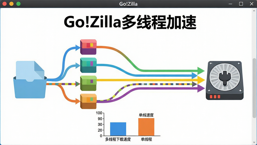 主体:Go!Zilla软件界面的特写,中心区域展示一个文件被分割成多个彩色数据块,每个数据块通过独立的箭头线路汇聚到电脑硬盘图标上。布局:左侧为源文件图标,右侧为硬盘图标,中间多条彩色线条并行传输。排版:图片中央上方标注“Go!Zilla多线程加速”字样,下方配以速度对比柱状图。风格:扁平化矢量风格,色彩鲜艳明快。细节:数据块颜色各异,箭头线条清晰流畅,柱状图显示多线程下载速度明显高于单线程。画质:高分辨率,图像边缘平滑,整体干净无杂乱元素。