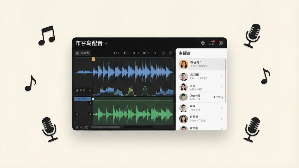 一张现代简约风格的产品展示图,主体为“布谷鸟配音”软件界面悬浮在浅色背景上,界面显示波形编辑与主播列表,布局居中,周围点缀音符与麦克风图标,排版清爽,细节清晰,画质高清,整体干净无多余元素