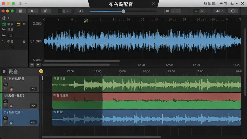 显示“布谷鸟配音”音频编辑工作台,主体为波形图与时间轴,背景音乐轨道与配音轨道并列,布局横向,风格专业,细节有音轨颜色区分,画质高,干净整洁