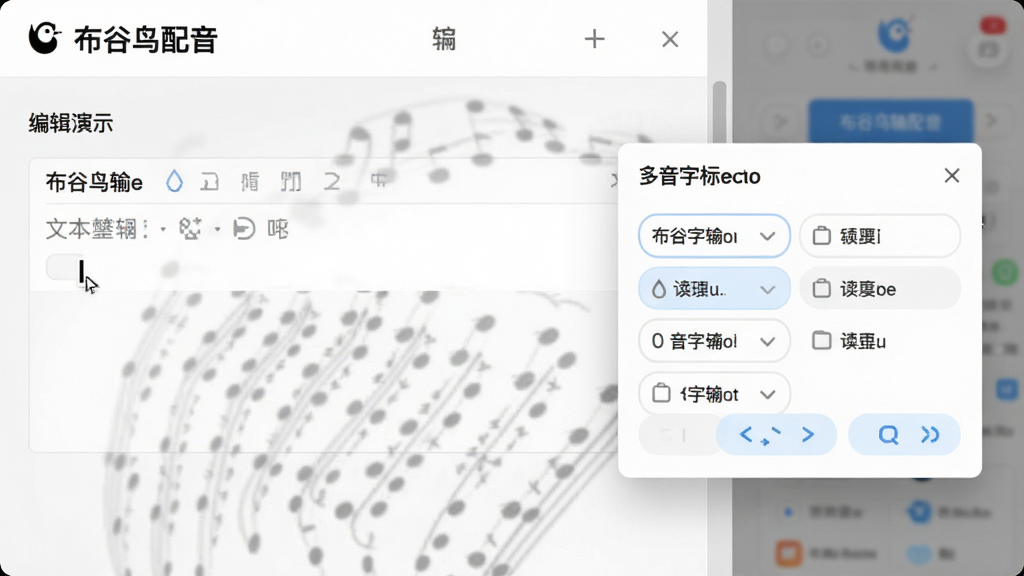 一张功能演示图,主体为“布谷鸟配音”编辑页面,展示文本输入区与多音字标注弹窗,布局左右分栏,风格简约,细节包括光标与读音选项,画质锐利,无多余元素