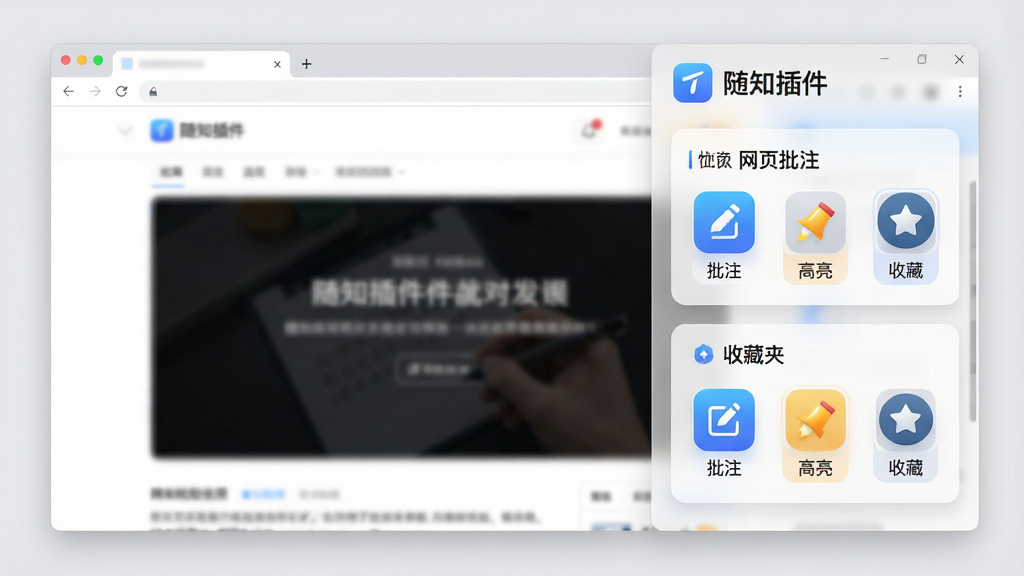 主体:随知插件主界面悬浮在浏览器窗口右侧,展示“网页批注”与“收藏夹”两个功能卡片。布局:左侧为网页内容截图,右侧为插件半透明侧栏,顶部有“随知插件”logo。排版:卡片式布局,功能图标为蓝色渐变。风格:现代扁平化设计,浅灰背景,干净明亮。细节:插件卡片上显示“批注”“高亮”“收藏”三个图标按钮,画质:高清,干净,无多余元素。