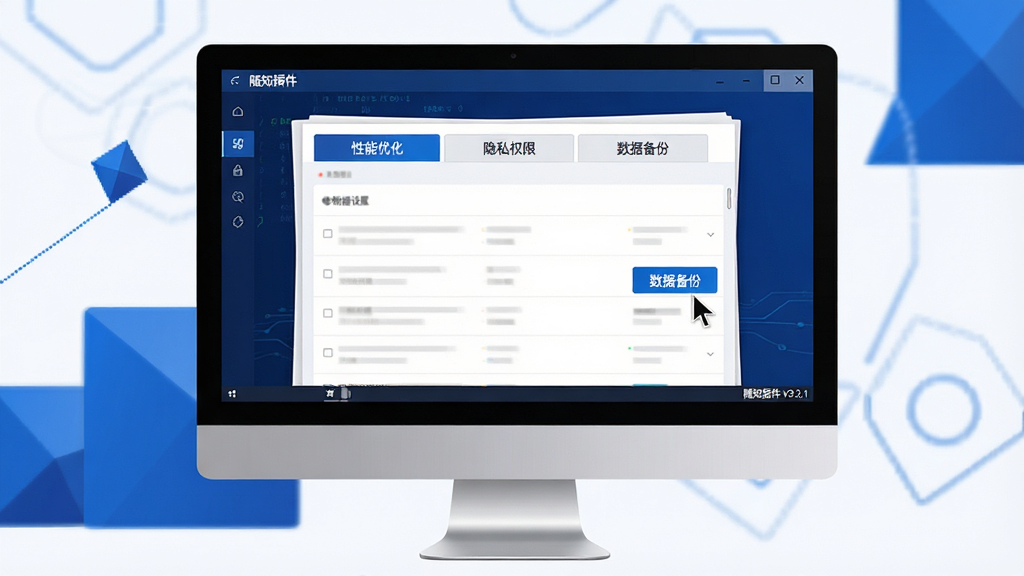 主体:一台电脑屏幕显示随知插件设置页面,页面中有“性能优化”“隐私权限”“数据备份”三个选项卡。布局:电脑位于画面中央,屏幕内容清晰可辨,周围有简约的蓝色几何装饰。排版:设置页面为列表式结构。风格:科技感,深蓝色与白色搭配。细节:鼠标指针指向“数据备份”按钮,屏幕右下角显示“随知插件 v3.2.1”版本号。画质:高清,干净,无多余元素。