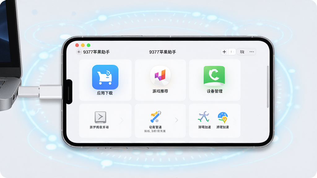 高清数字渲染图,展示一台iPhone手机连接电脑,屏幕上显示“9377苹果助手”软件主界面,界面包含应用下载、游戏推荐、设备管理、清理加速等板块,背景为淡蓝色科技光晕,整体布局干净整洁,现代感强,画质清晰细腻,无多余元素。