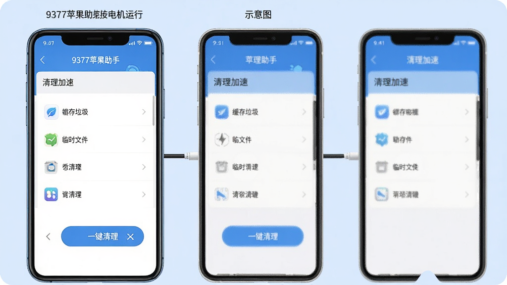 示意图展示手机连接电脑运行“9377苹果助手”,屏幕显示“清理加速”页面,列出缓存垃圾、临时文件等可清理项,点击“一键清理”按钮,界面风格简洁,背景为浅蓝色,画质高清,干净无多余元素。