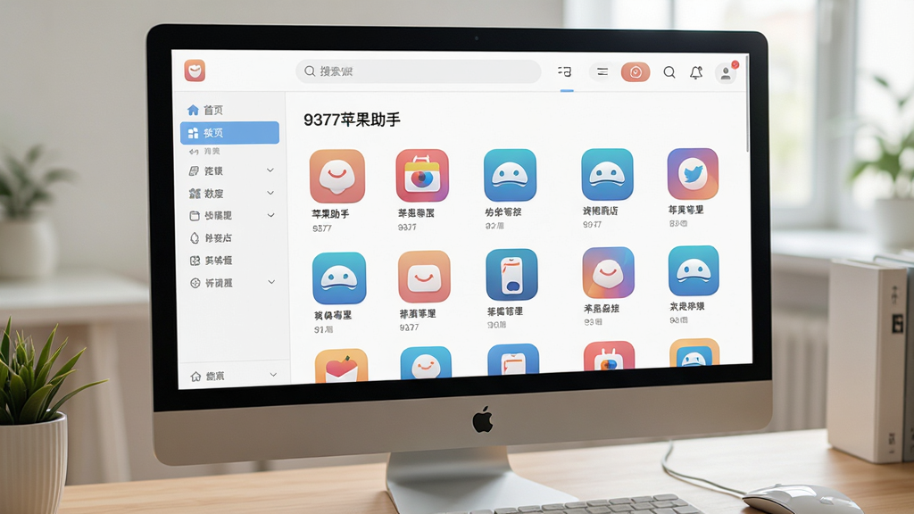电脑屏幕显示“9377苹果助手”应用商店页面,各种App图标以网格排列,分类清晰,左侧有导航栏,顶部搜索框,页面风格简约扁平,色彩明亮柔和,模拟真实使用场景,画质高清,无多余杂物。
