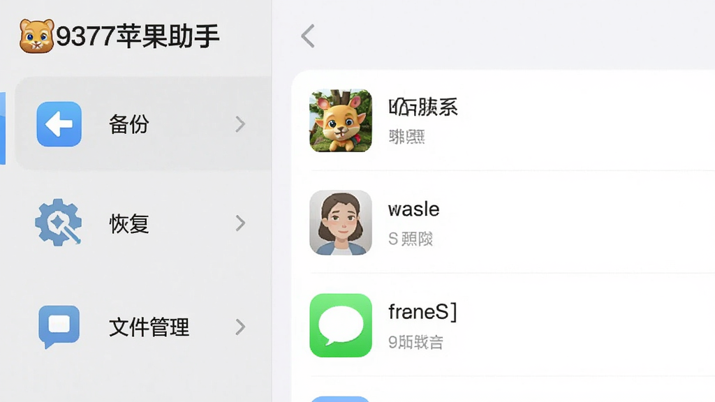 展示“9377苹果助手”数据管理界面,左侧为备份、恢复、文件管理等功能图标,右侧显示手机中照片、联系人、短信等分类数据,背景为浅灰色简洁风格,界面清晰直观,文字标签清晰可读,整体画质干净,无多余元素。