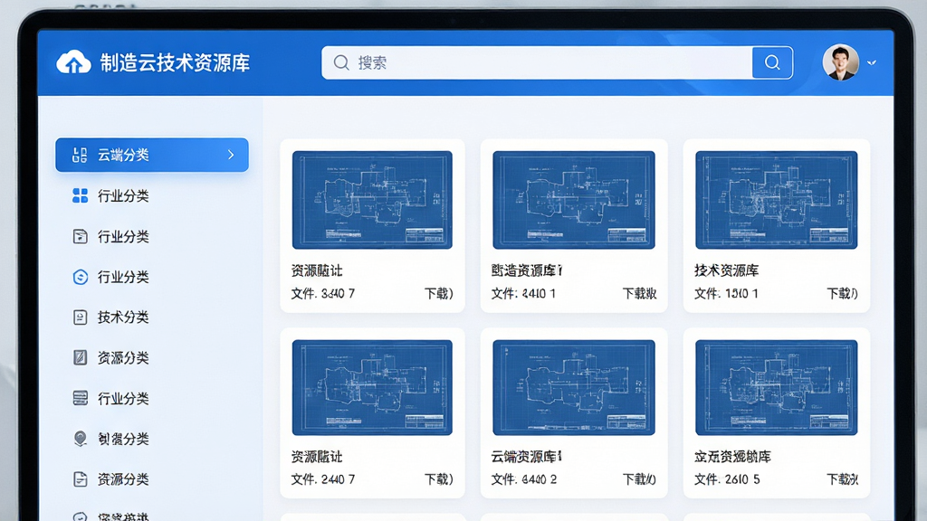 主体:制造云技术资源库软件主界面,展示云端资源库分类导航与搜索栏;布局:居中构图,左侧为行业分类列表,右侧为资源卡片瀑布流,顶部为搜索框与用户头像;排版:清晰的信息层级,界面采用蓝白主色调,图标精致;风格:现代科技感,扁平化设计,屏幕高亮显示“制造云技术资源库”字样;细节:卡片上显示图纸缩略图、文件大小与下载次数,整体画面干净无多余元素;画质:4K超清,渲染质感细腻,明亮通透