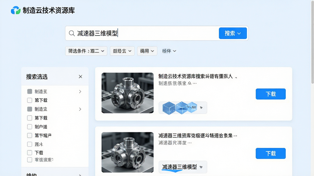 主体:制造云技术资源库的搜索界面,用户在搜索框输入“减速器三维模型”,下方展示筛选条件;布局:居中构图,搜索框在顶部,下方左侧为筛选面板,右侧为搜索结果列表;排版:界面清爽,字体大小适中,高亮显示“制造云技术资源库”logo;风格:现代网页设计,淡蓝色背景,卡片式布局;细节:结果缩略图清晰,下载按钮醒目,整体画面干净无多余元素;画质:高清,色彩柔和,细节丰富