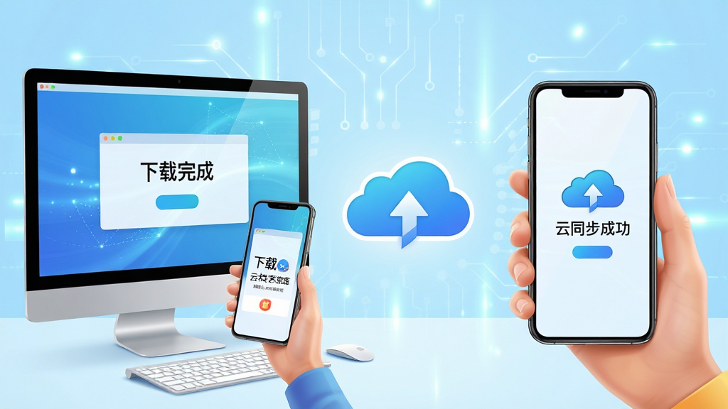 主体:用户手持手机与电脑同时操作制造云技术资源库,屏幕上显示资源下载成功界面;布局:左右对称构图,左侧为电脑屏幕,右侧为手机屏幕,中间为云同步图标;排版:双设备画面大小均衡,背景为浅蓝色科技感光效;风格:写实与插画结合,明亮通透;细节:电脑屏幕上显示“下载完成”,手机屏幕显示“云同步成功”,整体画面干净无多余元素;画质:高分辨率,色彩鲜艳,无噪点