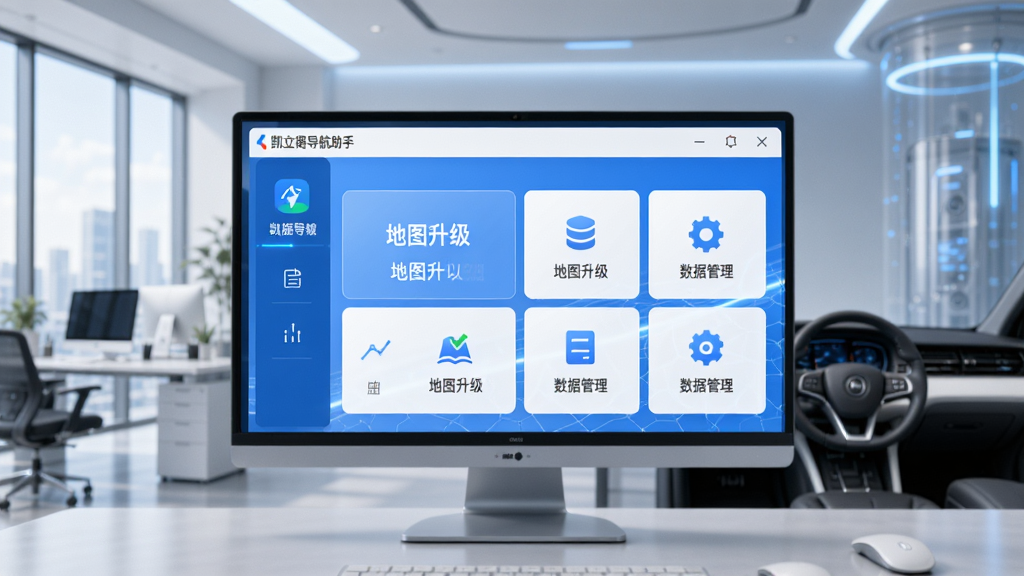 主体为凯立德导航助手软件界面悬浮在电脑屏幕上的场景,界面清晰展示“地图升级”“数据管理”等功能模块,背景为简洁的现代办公室或车载环境,整体风格科技感十足,界面布局规整有序,色彩以蓝白为主色调,画质高清干净,无多余元素