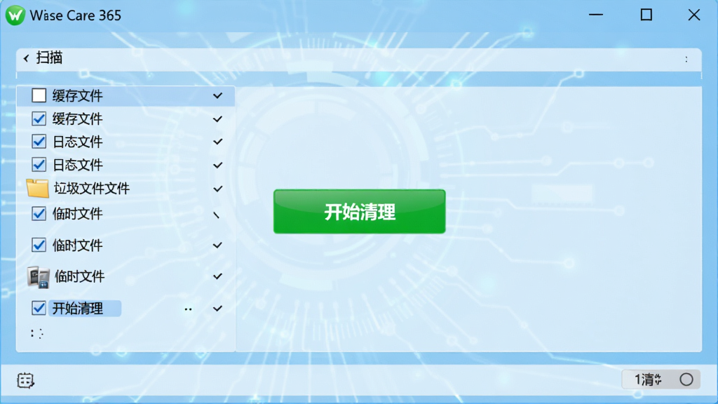 Wise Care 365磁盘清理功能运行界面,显示扫描出的垃圾文件分类列表,包括缓存文件、日志文件、临时文件等,每个类别前有勾选框,界面中央有绿色“开始清理”按钮,背景为浅蓝色科技风格,画质清晰,干净无多余元素