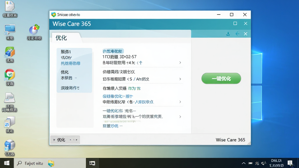 Wise Care 365在Windows电脑上运行时的桌面截图,背景为电脑桌面,软件窗口显示“优化”模块,右侧有“一键优化”按钮,界面风格简洁明快,光线充足,画质清晰,无多余元素