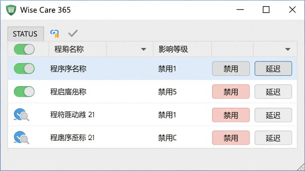Wise Care 365启动项管理界面,表格形式列出所有开机启动程序,包含状态开关、程序名称、影响等级,每行右侧有“禁用”和“延迟”按钮,整体界面简洁明了,浅灰色背景,画质高清,无多余元素