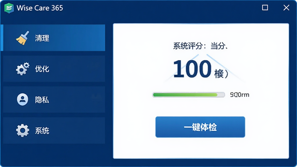 Wise Care 365软件主界面截图,深蓝色主题,左侧功能列表依次显示“清理”、“优化”、“隐私”、“系统”四大模块,右侧展示当前系统评分与一键体检按钮,界面布局清晰,科技感十足,画质高清,干净无多余元素