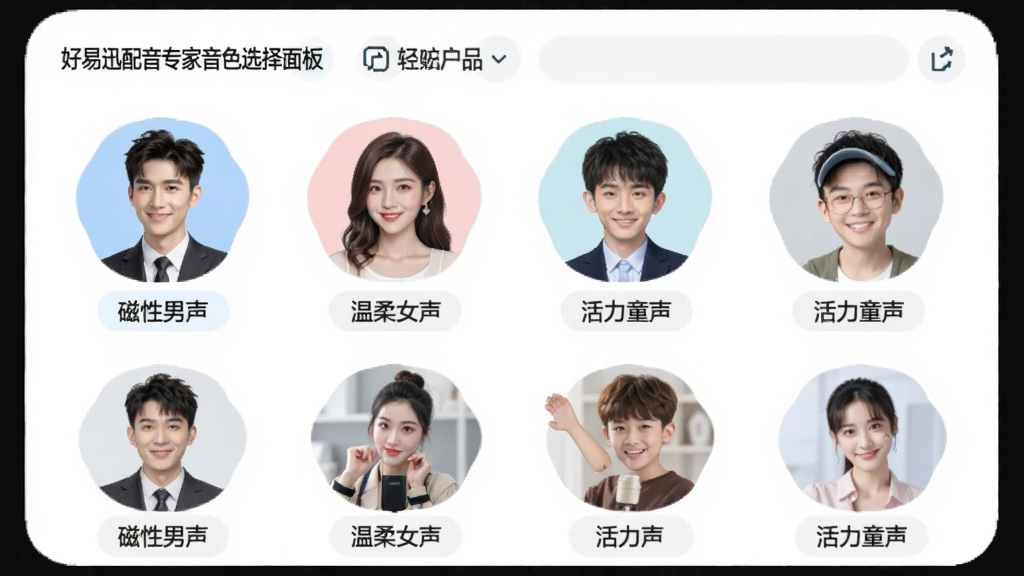 展示好易迅配音专家音色选择面板的界面截图,面板上排列着多个主播头像和名称,头像下方标有“磁性男声”、“温柔女声”、“活力童声”等标签,界面风格清新简洁,图标圆润,画质清晰,干净无多余元素