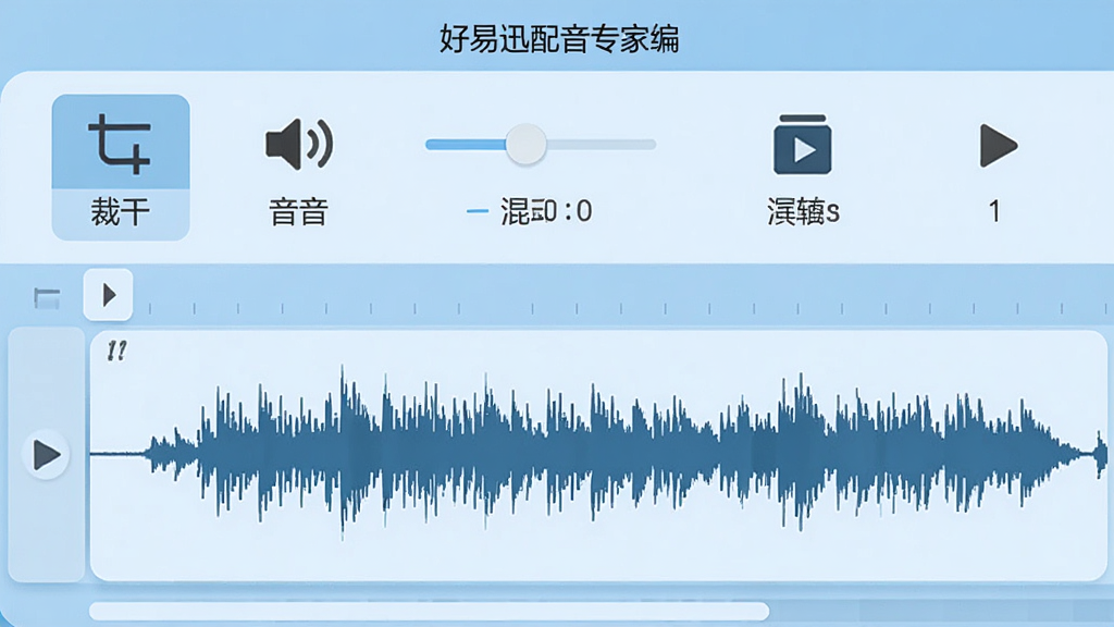 展示好易迅配音专家编辑界面的图片,界面下方为音频波形轨道,上方有裁剪、音量调节、混音等工具图标,整体色调为浅蓝色,布局清晰,按钮标识明确,画质高清,无多余元素