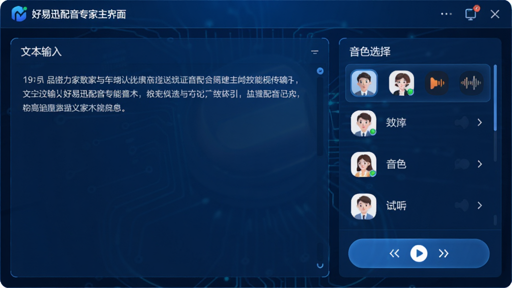 一张展示好易迅配音专家主界面的高清产品预览图,界面左侧为文本输入区,右侧为音色选择列表和试听播放按钮,整体采用深蓝色科技感风格,界面干净明亮,布局合理,图标清晰,画质高清,无多余元素