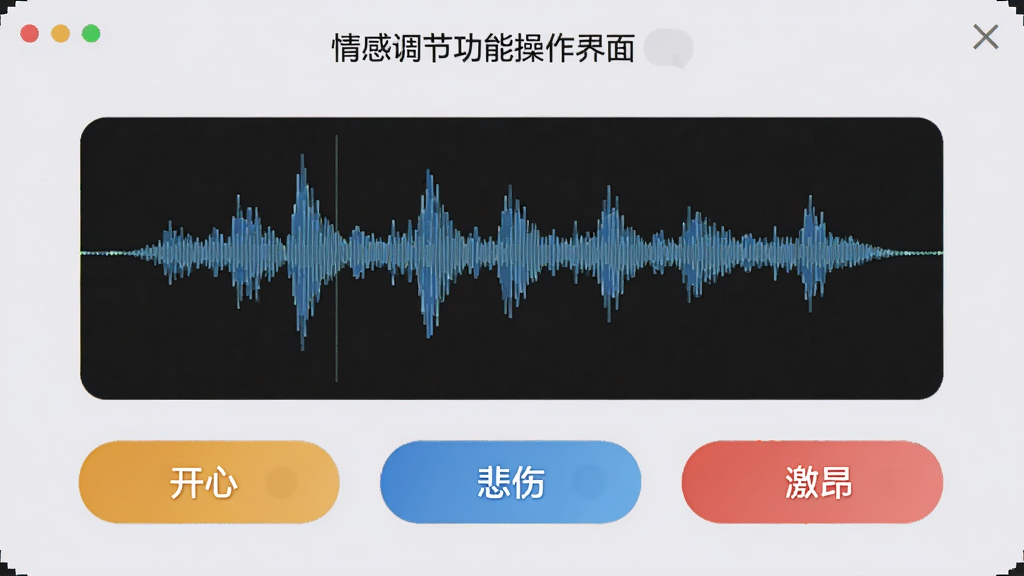 展示好易迅配音专家情感调节功能操作界面的图片,界面中央有一个模拟波形图,下方有多个情感选项按钮如“开心”、“悲伤”、“激昂”,按钮呈彩色圆角设计,背景为淡灰色,整体风格简洁专业,画质清晰,无多余元素