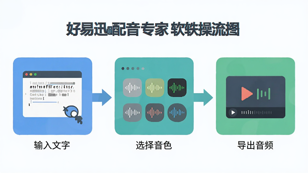 一张展示好易迅配音专家软件操作流程的示意图,画面分为三个步骤,第一步输入文字,第二步选择音色,第三步导出音频,每个步骤用箭头连接,整体风格扁平化,颜色清新,画质干净,无多余元素